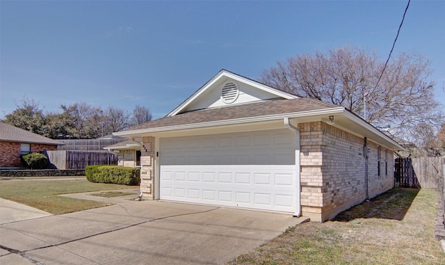 view of property exterior featuring a garage, brick siding, fence, and a shingled roof