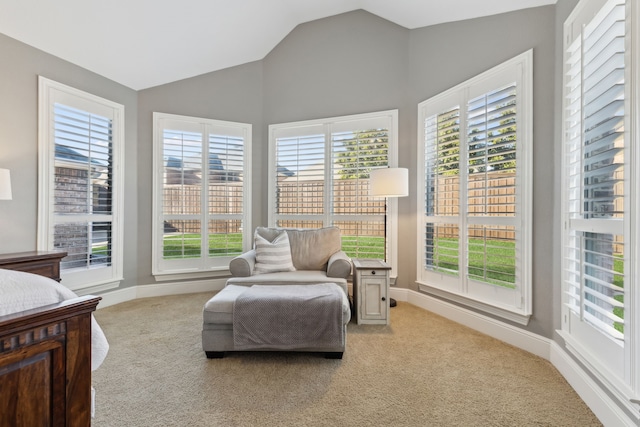 interior space featuring light carpet, vaulted ceiling, and baseboards