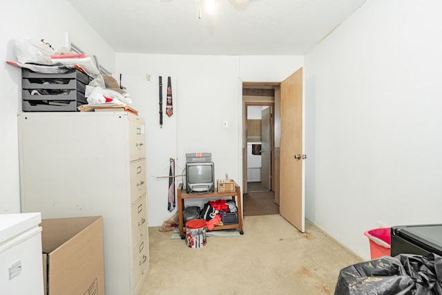 rec room featuring carpet floors and a textured ceiling