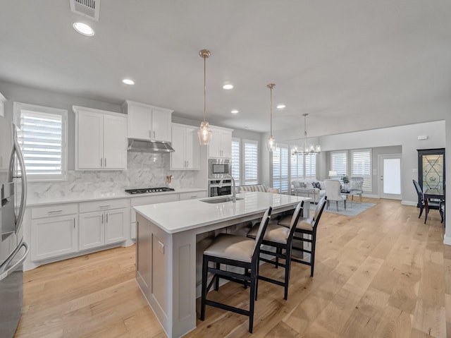 kitchen with light wood-type flooring, under cabinet range hood, appliances with stainless steel finishes, and a sink