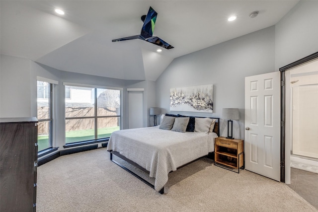 bedroom featuring recessed lighting, light carpet, vaulted ceiling, and ceiling fan