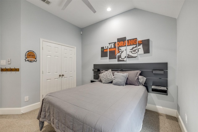 bedroom featuring lofted ceiling, ceiling fan, carpet flooring, and baseboards