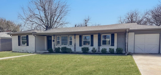 ranch-style house with a garage, brick siding, a shingled roof, concrete driveway, and a front yard