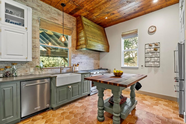 115 N 1st St, Midlothian, TX 76065 - kitchen with appliances with stainless steel finishes, wooden ceiling, wood counters, a sink, and backsplash