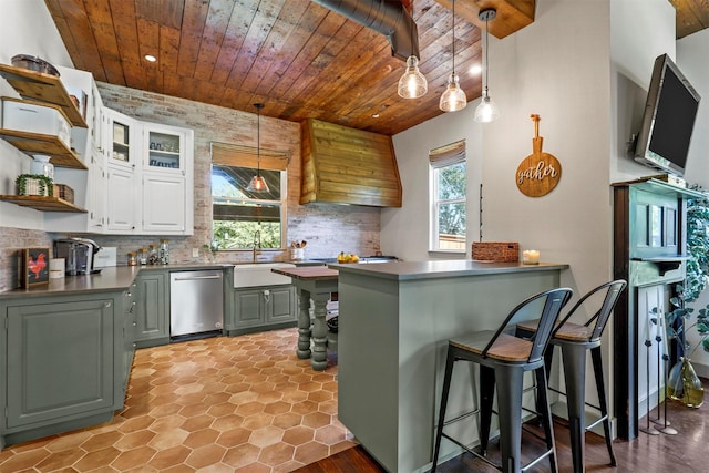 115 N 1st St, Midlothian, TX 76065 - kitchen with dishwasher, wooden ceiling, open shelves, tasteful backsplash, and a sink