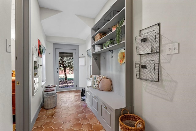 115 N 1st St, Midlothian, TX 76065 - mudroom featuring tile patterned flooring and lofted ceiling