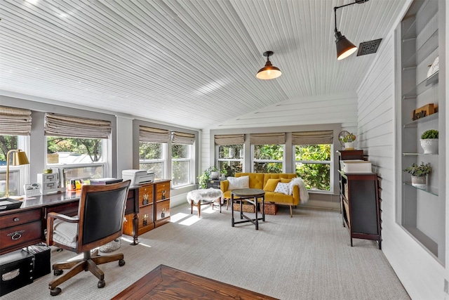 115 N 1st St, Midlothian, TX 76065 - sunroom / solarium with vaulted ceiling, carpet flooring, plenty of natural light, and wooden ceiling