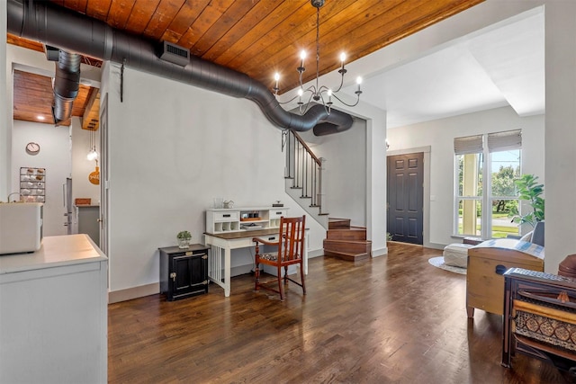 115 N 1st St, Midlothian, TX 76065 - interior space with dark wood-style floors, stairs, baseboards, a chandelier, and wooden ceiling
