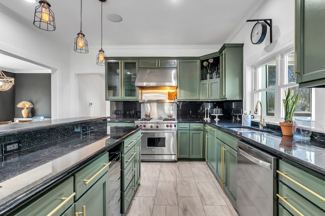 kitchen featuring green cabinets, appliances with stainless steel finishes, ornamental molding, a sink, and under cabinet range hood