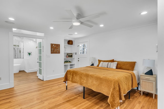 bedroom with ornamental molding, light wood finished floors, and recessed lighting