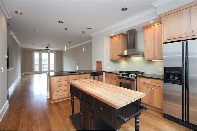 kitchen featuring stainless steel appliances, tasteful backsplash, a sink, wall chimney range hood, and a peninsula