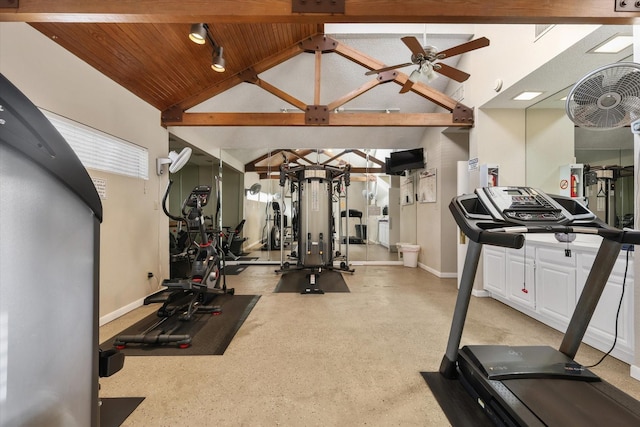 exercise area with a ceiling fan, wood ceiling, high vaulted ceiling, and baseboards