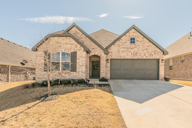 french country style house with a garage, concrete driveway, brick siding, and a shingled roof