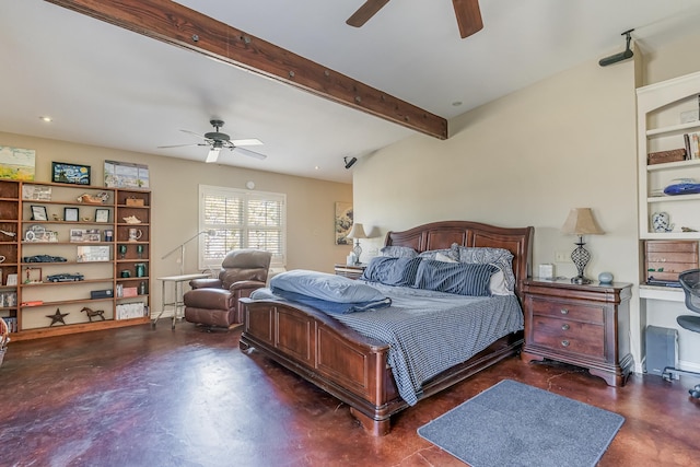 310 County Road 336 Unit B, Tuscola, TX 79562 - bedroom with a ceiling fan, finished concrete floors, and beamed ceiling