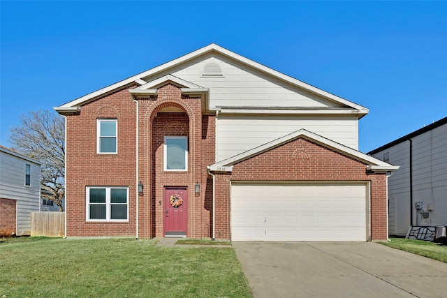 traditional home featuring a front yard, concrete driveway, brick siding, and fence