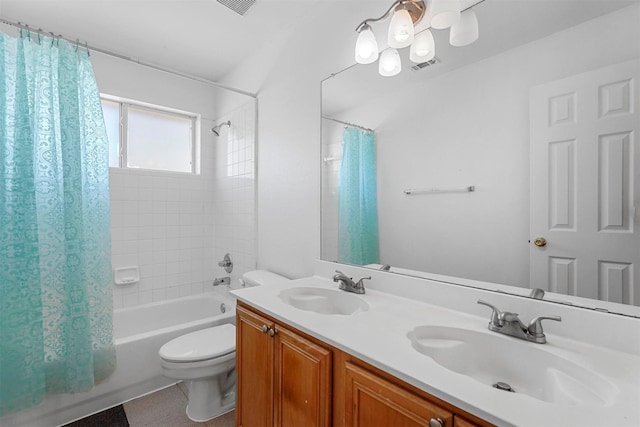 bathroom with shower / tub combo, visible vents, a sink, and toilet