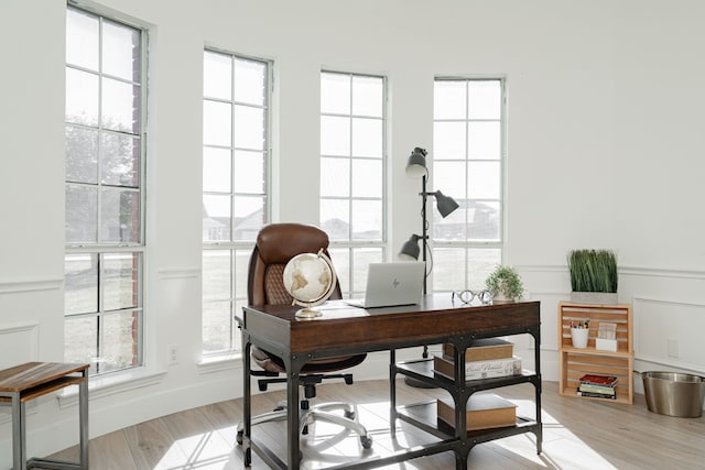 office featuring wainscoting and light wood-type flooring