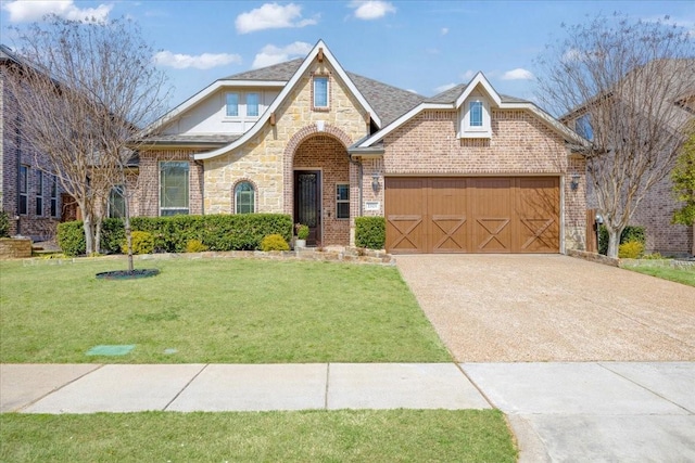 view of front of home with brick siding, stone siding, driveway, and a front lawn