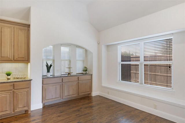 kitchen featuring dark wood-style floors, arched walkways, stone counters, and a sink