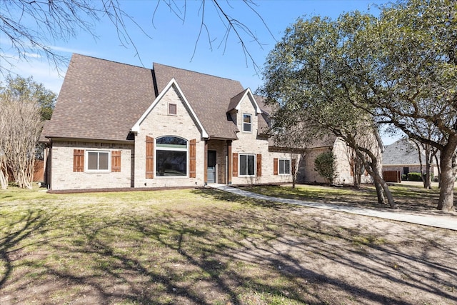 view of front of home with brick siding, a shingled roof, and a front yard