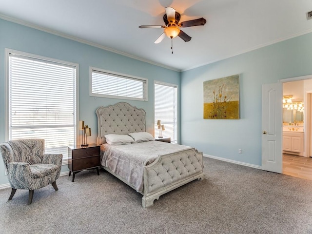 bedroom with light carpet, ceiling fan, ornamental molding, and baseboards