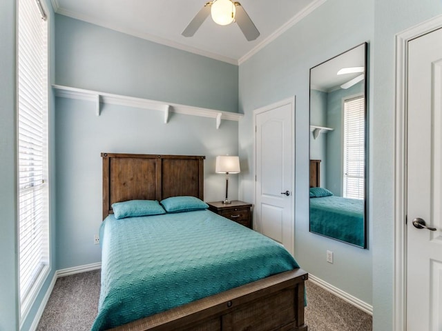 bedroom with carpet floors, multiple windows, and crown molding