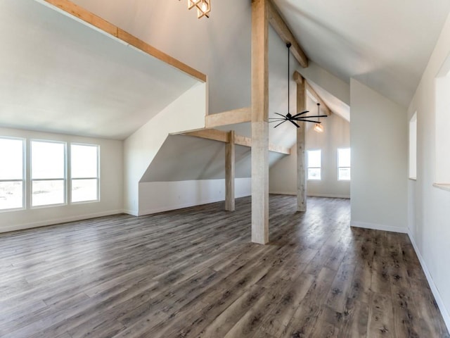 bonus room with vaulted ceiling with beams, ceiling fan, wood finished floors, and baseboards