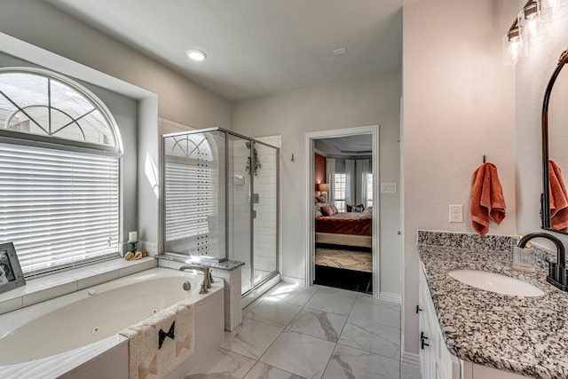 425 Brook Meadow Dr, Midlothian, TX 76065 - full bath with a shower stall, ensuite bathroom, a tub with jets, vanity, and marble finish floors