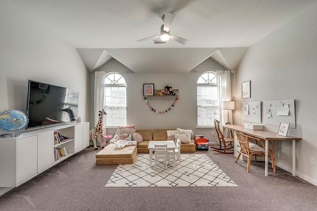 425 Brook Meadow Dr, Midlothian, TX 76065 - living area with carpet, vaulted ceiling, healthy amount of natural light, ceiling fan, and baseboards