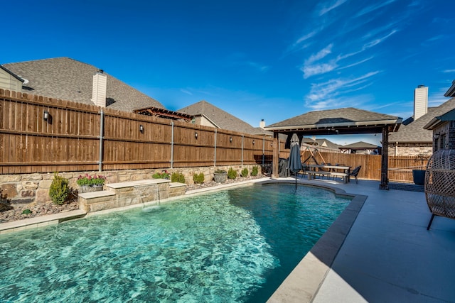 view of pool featuring a gazebo, a patio, a fenced backyard, and a fenced in pool