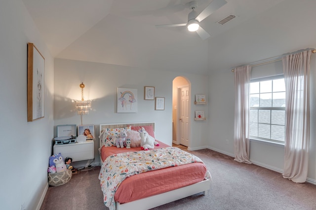 425 Brook Meadow Dr, Midlothian, TX 76065 - bedroom with arched walkways, vaulted ceiling, carpet floors, baseboards, and a ceiling fan