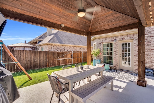 425 Brook Meadow Dr, Midlothian, TX 76065 - view of patio / terrace with a playground, outdoor dining area, and a ceiling fan