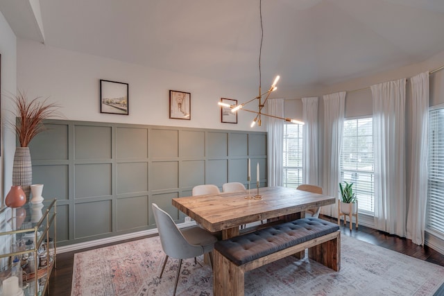 425 Brook Meadow Dr, Midlothian, TX 76065 - dining space featuring a decorative wall, a chandelier, wood finished floors, and a wainscoted wall