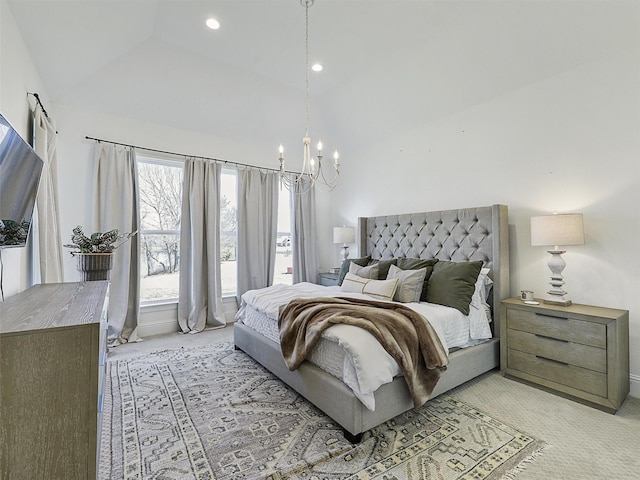 bedroom with a chandelier, lofted ceiling, light carpet, and recessed lighting