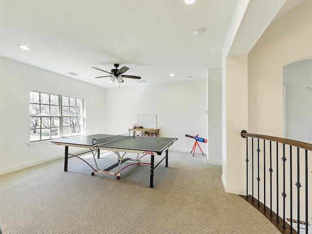 rec room with carpet, baseboards, and recessed lighting