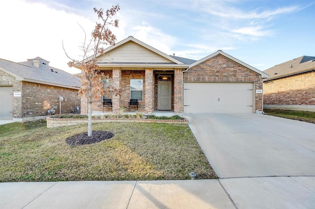 view of front of house with brick siding, a porch, concrete driveway, a front yard, and a garage