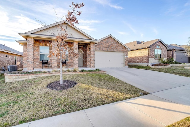 single story home with concrete driveway, an attached garage, cooling unit, a front lawn, and brick siding