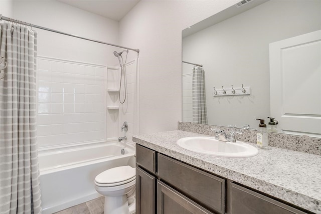 bathroom featuring toilet, shower / bathtub combination with curtain, and vanity