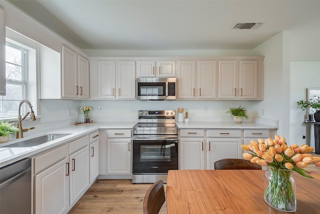 kitchen with a sink, visible vents, white cabinets, appliances with stainless steel finishes, and light wood-type flooring