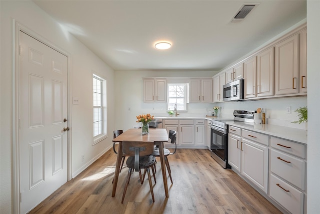 kitchen featuring a sink, visible vents, light wood-style floors, light countertops, and appliances with stainless steel finishes