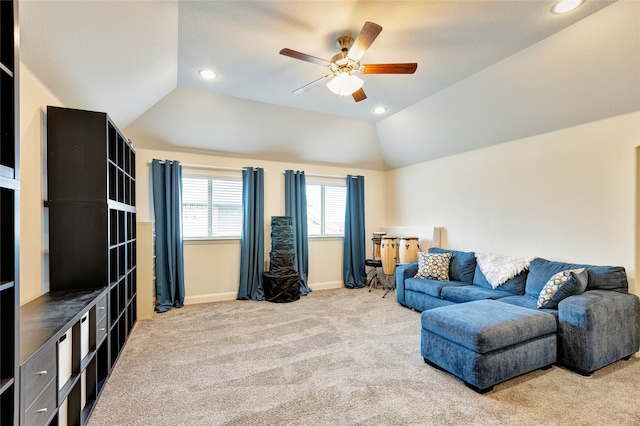 2101 Bishop Barrel Ln, Wylie, TX 75098 - carpeted living area featuring a ceiling fan, lofted ceiling, baseboards, and recessed lighting
