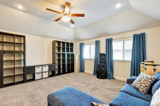 2101 Bishop Barrel Ln, Wylie, TX 75098 - carpeted living area with vaulted ceiling, a ceiling fan, baseboards, and recessed lighting