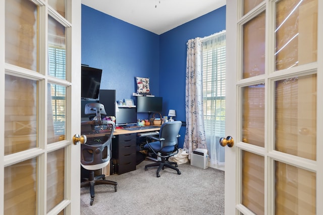 office featuring carpet and french doors