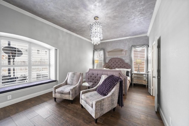 bedroom featuring a notable chandelier, multiple windows, baseboards, and hardwood / wood-style floors