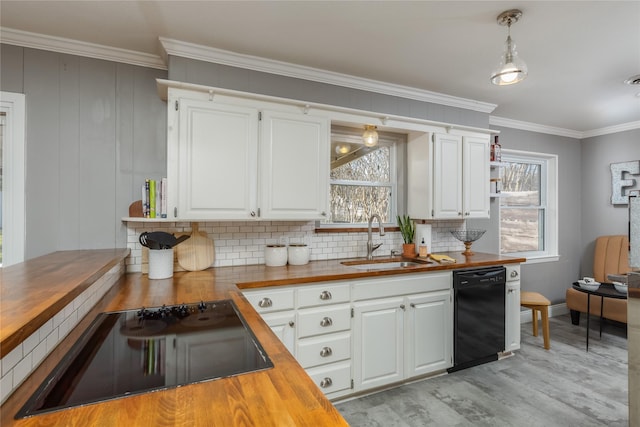 kitchen featuring open shelves, butcher block counters, white cabinets, a sink, and black appliances