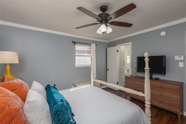 bedroom with ceiling fan, ornamental molding, and wood finished floors