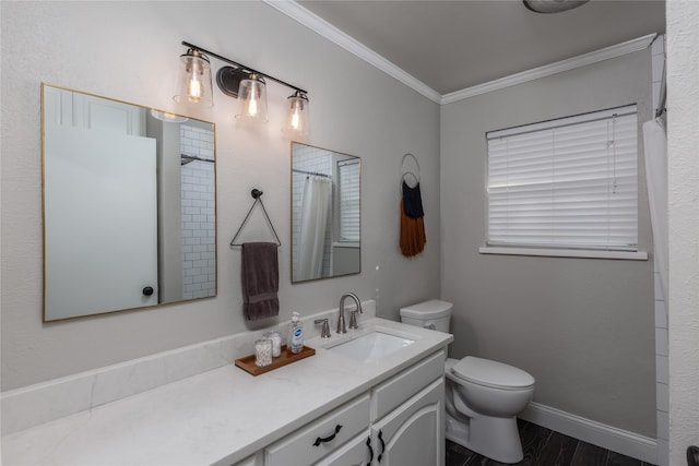 bathroom with a shower with shower curtain, toilet, ornamental molding, vanity, and baseboards