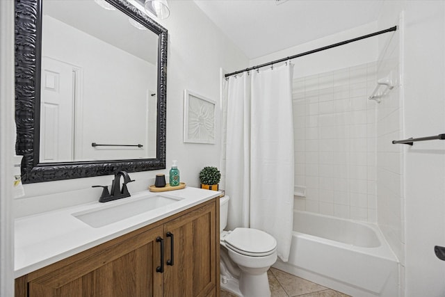 full bath with shower / bath combo with shower curtain, vanity, toilet, and tile patterned floors