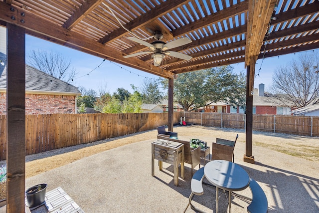 view of patio featuring a ceiling fan, a fenced backyard, and a pergola