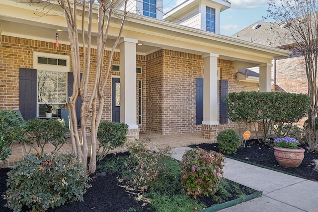 view of exterior entry featuring a porch and brick siding